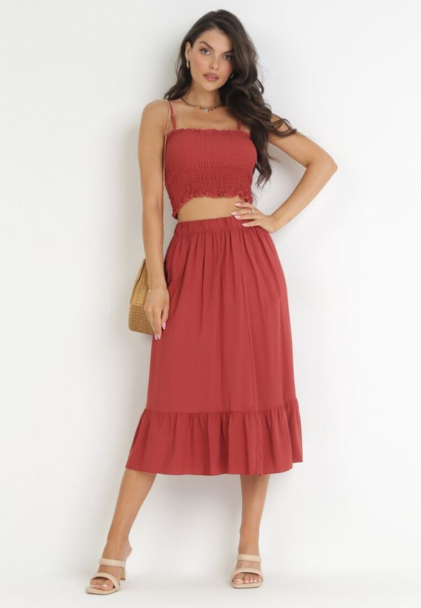 Born2be - Czerwony 2-częściowy Komplet Top i Spódnica Midi z Bawełny Alrema. Kolor: czerwony. Materiał: bawełna