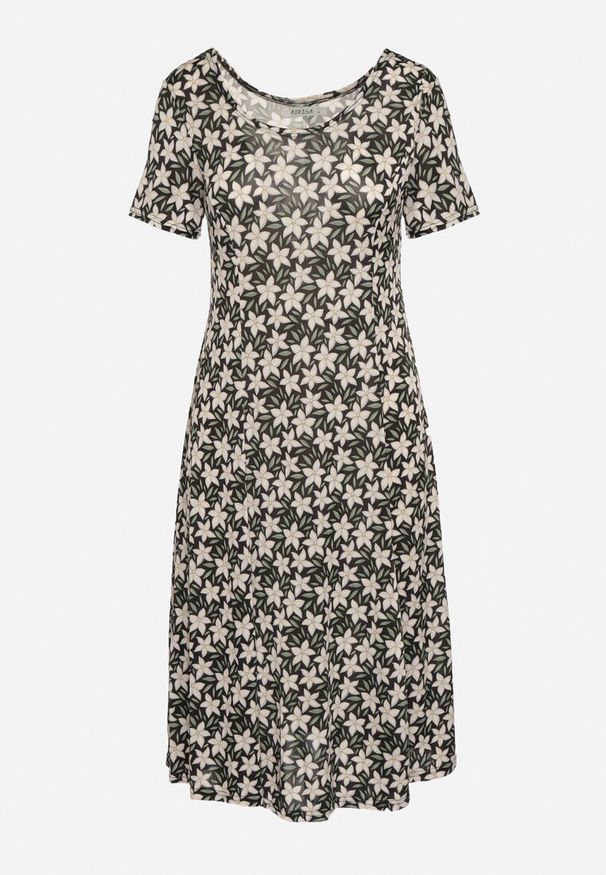 Born2be - Czarno-Biała Wiskozowa Sukienka Midi o Rozkloszowanym Fasonie Zdobiona Kwiatami Flebbaria. Kolor: czarny. Materiał: wiskoza. Długość rękawa: krótki rękaw. Wzór: aplikacja, kwiaty. Sezon: lato. Długość: midi