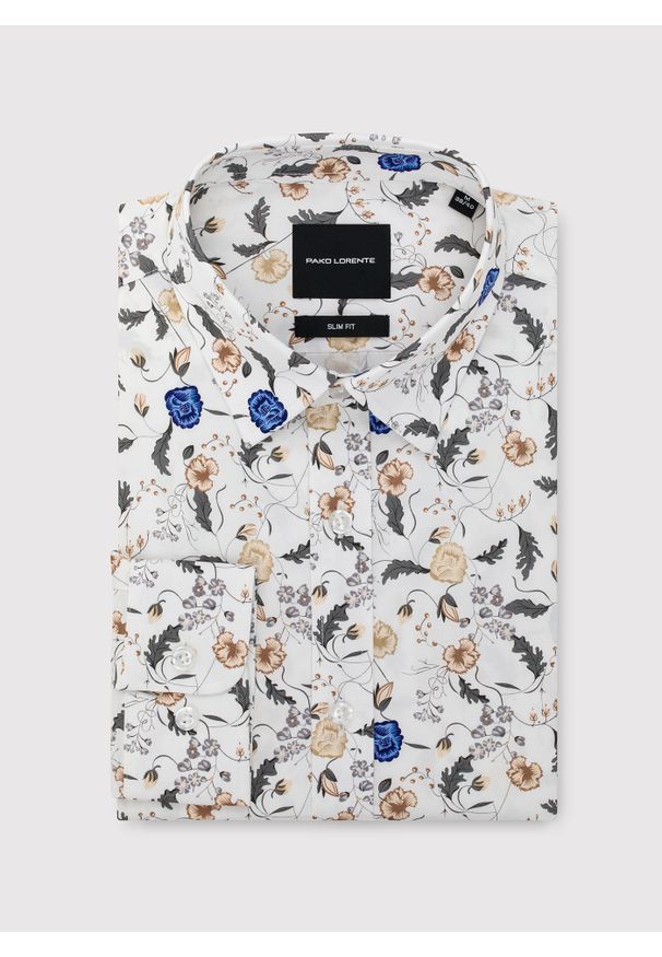 Pako Lorente - PAKO LORENTE - Biała koszula męska kwiaty. Kolor: biały. Materiał: bawełna, elastan. Długość rękawa: długi rękaw. Długość: długie. Wzór: kwiaty. Sezon: jesień