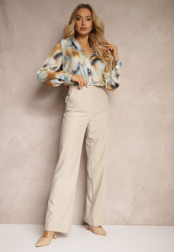 Renee - Beżowe Szerokie Spodnie z Imitacją Kieszeni Garniturowe High Waist Iriniael. Stan: podwyższony. Kolor: beżowy. Materiał: tkanina. Styl: klasyczny