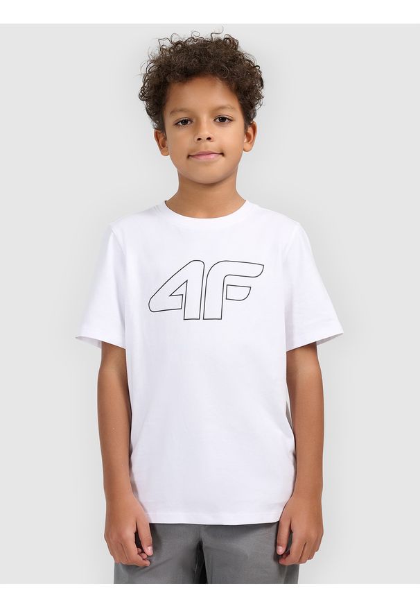 4f - 4F T-shirt z nadrukiem chłopięcy - biały 122 (6-7 lat). Okazja: na co dzień. Kolor: biały. Materiał: jersey, dzianina, bawełna. Wzór: nadruk. Sezon: lato. Styl: casual, sportowy, klasyczny