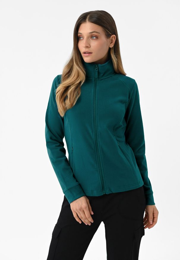 Volcano - Ciemnoturkusowy, dopasowany polar F-MOYA. Typ kołnierza: kołnierzyk stójkowy. Kolor: turkusowy. Materiał: polar. Wzór: gładki