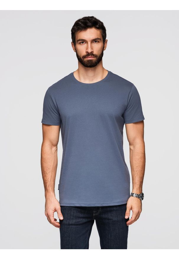 Ombre Clothing - T-shirt męski klasyczny bawełniany BASIC - niebieski denim V7 - Rozmiar: XXL. Okazja: na co dzień. Kolor: niebieski. Materiał: bawełna, denim. Styl: klasyczny