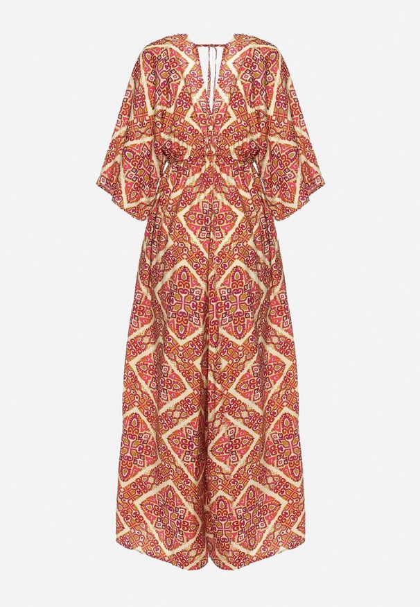 Born2be - Różowo-Żółty Kombinezon Boho z Gumką w Talii Wiązany na Plecach z Szerokimi Nogawkami Rodolia. Okazja: na co dzień. Kolor: różowy. Długość rękawa: krótki rękaw. Długość: krótkie. Styl: boho