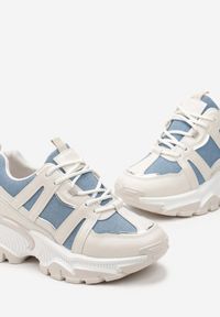 Renee - Beżowo-Niebieskie Sznurowane Sneakersy na Grubej Podeszwie ze Wstawkami i Brokatem Widgeta. Kolor: beżowy #4