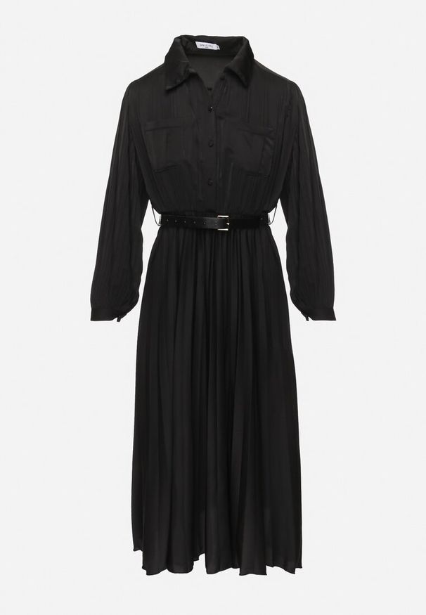 Born2be - Czarna Plisowana Sukienka Midi z Paskiem z Kołnierzykiem i Kieszeniami Themirlla. Kolor: czarny. Wzór: aplikacja. Długość: midi