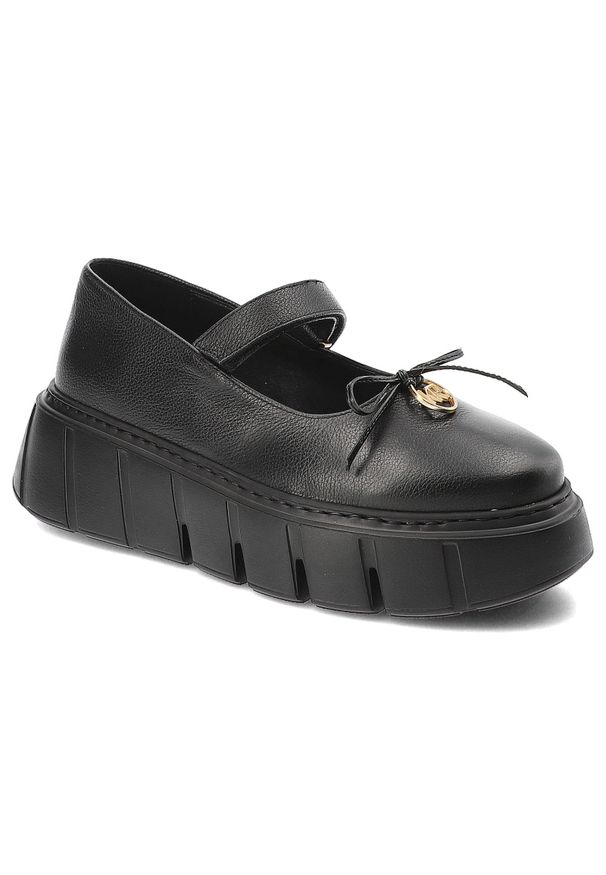 Czarne Półbuty Karino Eleganckie Obuwie Damskie. Okazja: na co dzień. Zapięcie: pasek. Kolor: czarny. Materiał: skóra, jeans. Wzór: grochy. Styl: elegancki