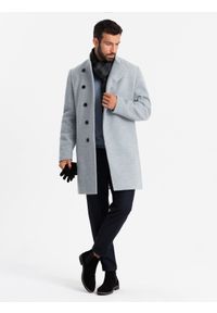 Ombre Clothing - Płaszcz męski z wysokim kołnierzem i asymetrycznym zapięciem – szary melanż V1 - Rozmiar: XXL. Okazja: na co dzień. Typ kołnierza: kołnierzyk stójkowy. Kolor: szary. Materiał: wiskoza, poliester, materiał, syntetyk, włókno. Długość: długie. Wzór: melanż. Styl: wizytowy, casual, elegancki
