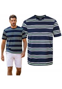 Bawełniana Koszulka Polo w Paski - Pako Jeans - Granatowa. Okazja: na co dzień. Typ kołnierza: polo. Kolor: niebieski. Materiał: bawełna. Wzór: prążki, paski. Styl: casual #5