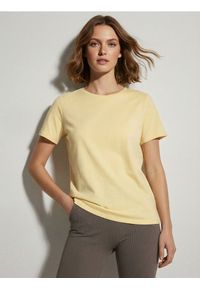 Sinsay - Bawełniana koszulka z krótkim rękawem - yellow jeans. Materiał: bawełna, jeans. Długość rękawa: krótki rękaw. Długość: krótkie