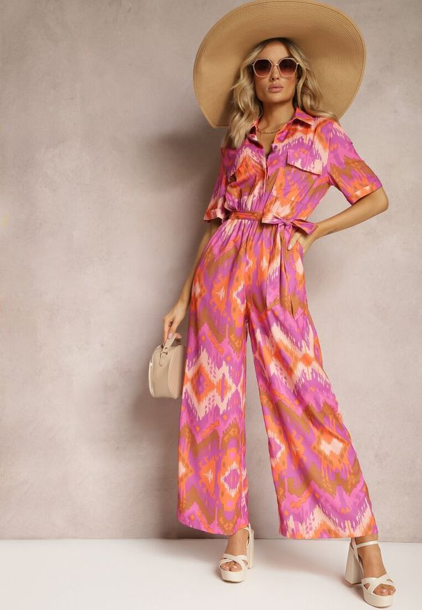 Renee - Fioletowo-Pomarańczowy Kombinezon z Koszulową Górą Gumką w Talii i Materiałowym Paskiem Tlarion. Kolor: fioletowy. Materiał: materiał