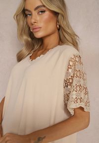 Renee - Beżowa Pudełkowa Sukienka Mini z Koronkowymi Wykończeniami Oirelyn. Kolor: beżowy. Materiał: koronka. Sezon: lato. Długość: mini