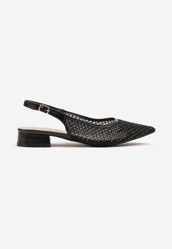 Born2be - Czarne Siateczkowe Sandały Slingback ze Skórzaną Wkładką Falwia. Okazja: na co dzień. Kolor: czarny. Materiał: skóra. Wzór: aplikacja, ażurowy. Obcas: na obcasie. Styl: elegancki, casual. Wysokość obcasa: średni