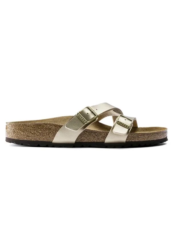 Birkenstock - BIRKENSTOCK Yao Balance BF Gold Klapki damskie. Okazja: na co dzień. Kolor: złoty. Materiał: materiał, skóra. Wzór: paski. Sezon: lato. Styl: casual, elegancki, wakacyjny, klasyczny
