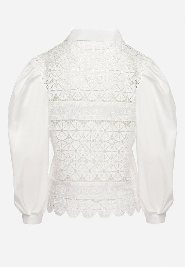 Born2be - Biała Bawełniana Koszula z Ażurowymi Wstawkami i Bufiastymi Rękawami Lavandia. Kolor: biały. Materiał: bawełna. Wzór: ażurowy. Styl: elegancki, klasyczny