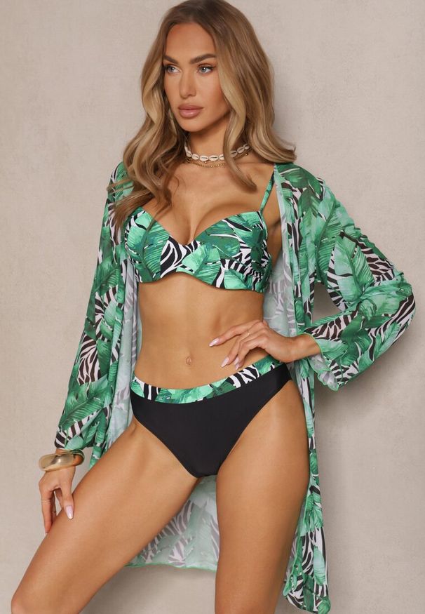 Renee - Zielono-Czarne Bikini Majtki Figi Biustonosz i Siateczkowa Narzutka Folanisse. Kolor: zielony