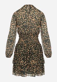 Born2be - Beżowo-Zielona Rozkloszowana Sukienka Mini w Modny Print Ozdobiona Brokatem Ifigentta. Kolor: beżowy. Wzór: aplikacja, nadruk. Długość: mini #4