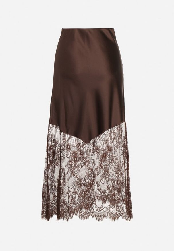 Born2be - Brązowa Satynowa Spódnica Ozdobiona Koronką Milori. Okazja: na spotkanie biznesowe. Kolor: brązowy. Materiał: satyna, koronka. Wzór: koronka, aplikacja. Sezon: wiosna, lato. Styl: biznesowy, klasyczny