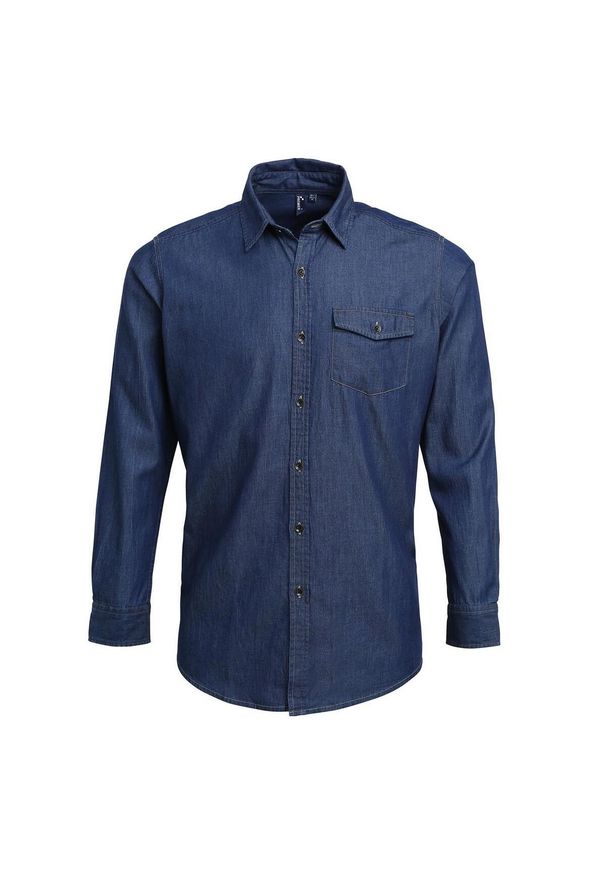 PREMIER - Męska Koszula Jeansowa Z Przeszyciami. Kolor: niebieski. Materiał: jeans