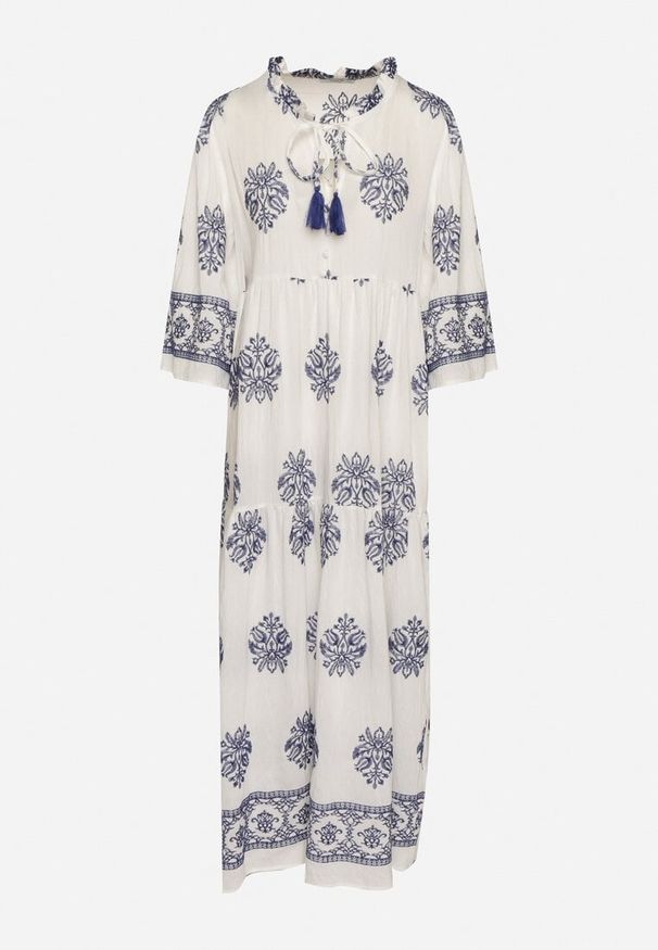 Born2be - Biała Sukienka z Wiskozą w Stylu Boho z Wiązaniem i Haftem Alinaria. Okazja: na spacer, na co dzień. Kolor: biały. Materiał: wiskoza. Wzór: haft. Sezon: lato. Styl: boho