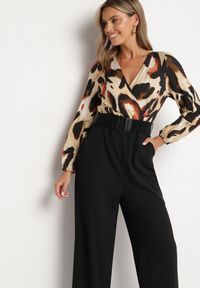 Born2be - Beżowo-Czarny Kombinezon o Kopertowym Kroju z Dodatkowym Paskiem i Wzorzystą Górą Tinasirae. Okazja: na co dzień. Kolor: czarny. Materiał: tkanina. Styl: casual, elegancki #3