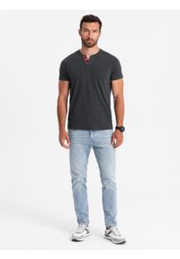 Ombre Clothing - Męski t-shirt z rozpinanym okrągłym dekoltem henley – czarny V4 - Rozmiar: XL. Okazja: na co dzień. Typ kołnierza: typu henley. Kolor: czarny. Materiał: poliester, bawełna. Styl: casual #4