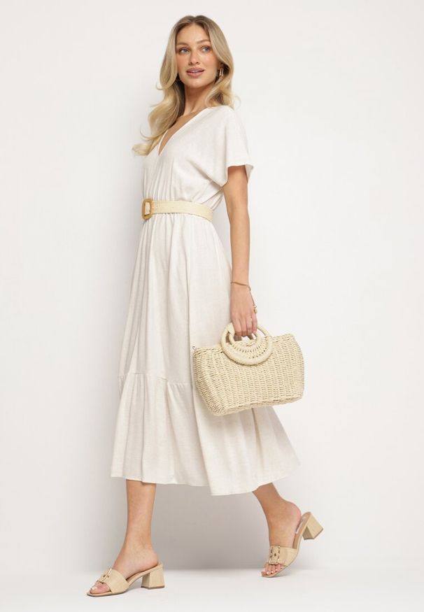 Born2be - Jasnobeżowa Sukienka z Lnem i Wiskozą Ozdobiona Wiązaniem Elliova. Okazja: na co dzień. Kolor: beżowy. Materiał: wiskoza, len. Wzór: aplikacja. Typ sukienki: rozkloszowane. Styl: casual