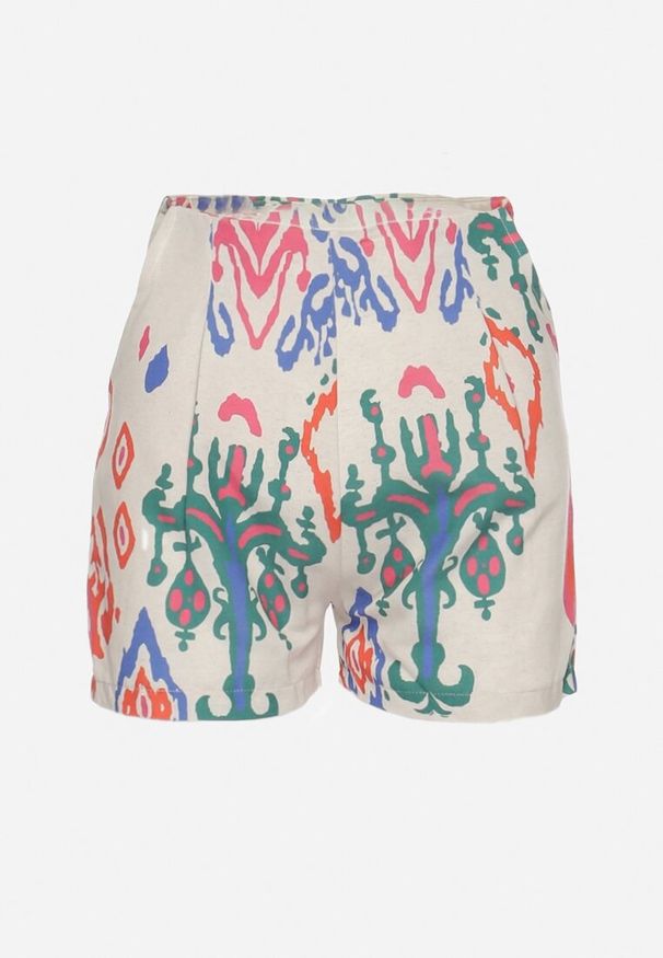 Born2be - Beżowo-Zielone Szorty o Dopasowanym Kroju w Etno Wzór Arelafa. Okazja: na spacer, na co dzień. Stan: podwyższony. Kolor: beżowy. Materiał: tkanina. Sezon: lato. Styl: etno