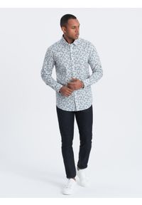 Ombre Clothing - Koszula męska SLIM FIT w print gałązek - niebiesko-szara V2 - Rozmiar: XL. Okazja: na co dzień. Kolor: szary. Materiał: tkanina, skóra, bawełna. Wzór: nadruk. Styl: casual #7