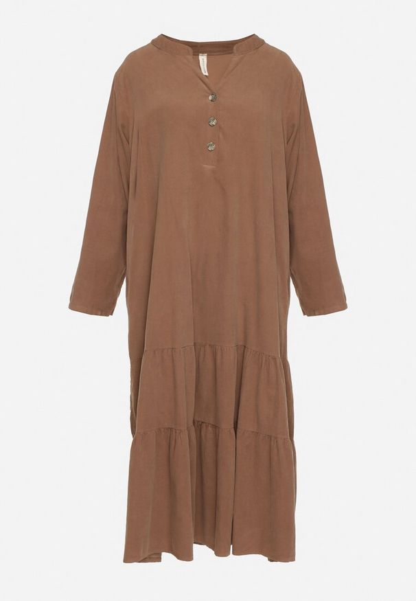 Born2be - Brązowa Bawełniana Rozkloszowana Sukienka z Falbanką i Regulowanymi Rękawami Rivesi. Okazja: na co dzień. Typ kołnierza: kołnierz z falbankami, dekolt w kształcie V. Kolor: brązowy. Materiał: bawełna. Typ sukienki: proste. Styl: casual, elegancki