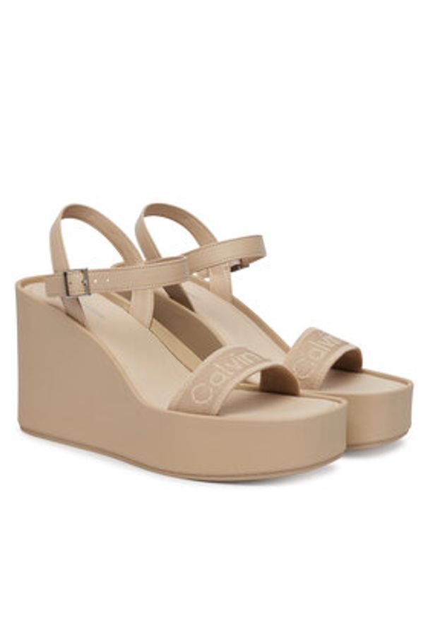 Calvin Klein Sandały Wedge 70 Sndl Webbing Lth HW0HW02882 Beżowy. Kolor: beżowy. Materiał: materiał