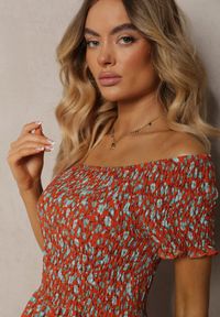 Renee - Pomarańczowo-Niebieska Sukienka z Wiskozy Tariya. Typ kołnierza: dekolt hiszpanka. Kolor: pomarańczowy. Materiał: wiskoza. Wzór: gładki, aplikacja, kwiaty, nadruk. Styl: boho. Długość: maxi #3