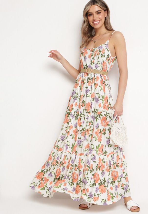 Born2be - Biało-Różowa Sukienka z Wiskozy na Cienkich Ramiączkach z Falbanką Jrinesa. Kolor: biały. Materiał: wiskoza. Długość rękawa: na ramiączkach. Sezon: lato