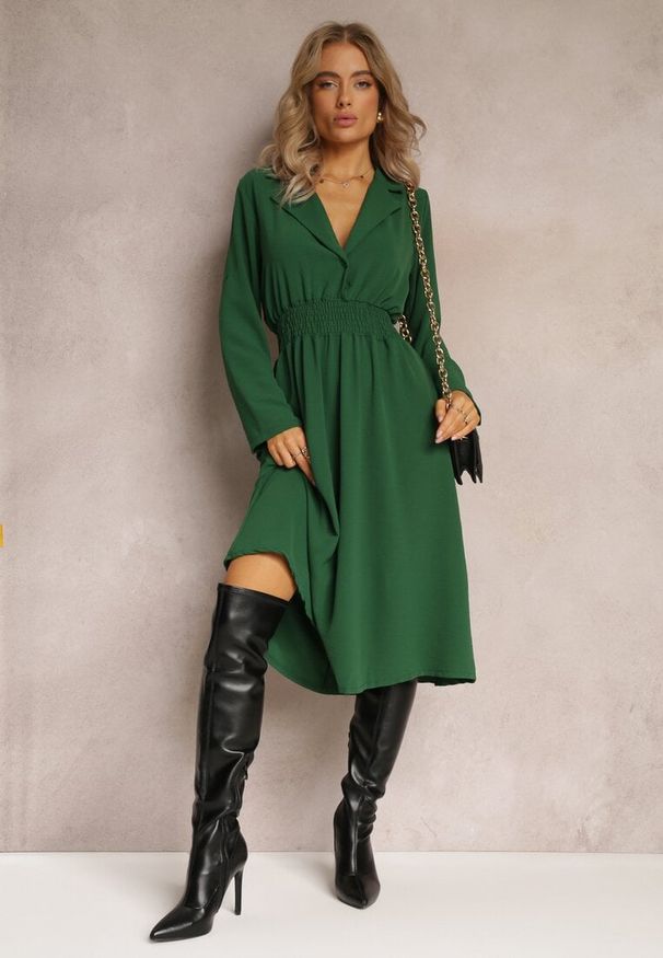 Renee - Zielona Koszulowa Sukienka Midi z Gumką w Pasie Natelin. Kolor: zielony. Typ sukienki: koszulowe. Styl: elegancki. Długość: midi