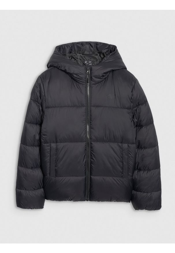 4f - 4F Kurtka puchowa z wypełnieniem syntetycznym chłopięca - czarna 152 (11-12 lat). Okazja: na spacer, na co dzień, na uczelnię. Kolor: czarny. Materiał: puch, syntetyk. Sezon: lato. Styl: casual