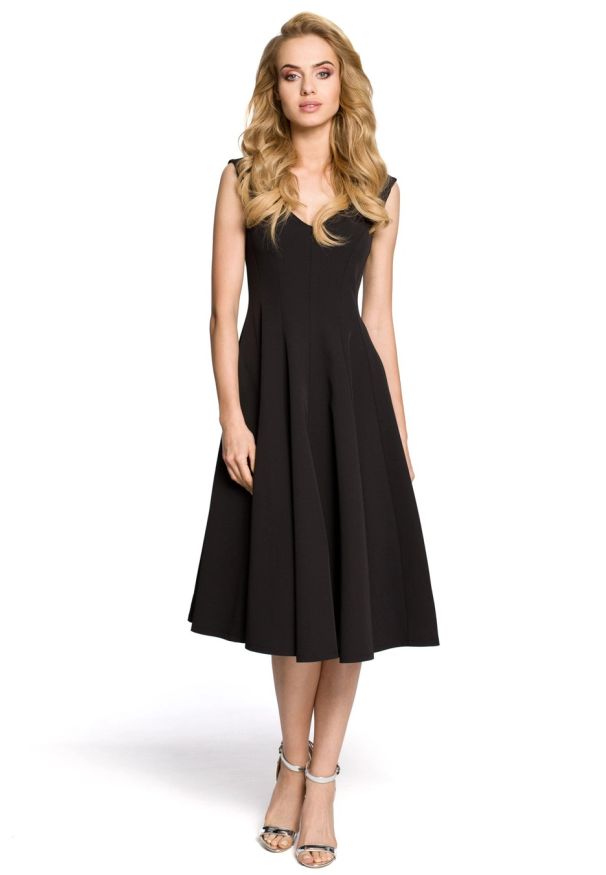 Sukienki.shop - Sukienka wieczorowa rozkloszowana z dekoltem V czarna. Okazja: na ślub cywilny, na wesele, na imprezę. Kolor: czarny. Styl: wizytowy