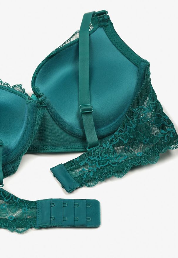 Renee - Zielony Biustonosz Push Up Ozdobiony Koronką Temirenna. Kolor: zielony. Materiał: koronka. Rodzaj stanika: push-up. Wzór: aplikacja, koronka