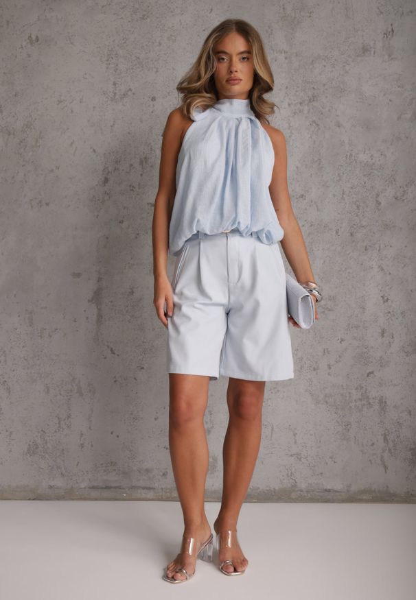 Renee - Niebieska Wiskozowa Bluzka z Dekoltem Halter i Wiązaniem Kasameia. Okazja: na co dzień. Typ kołnierza: dekolt halter. Kolor: niebieski. Materiał: wiskoza. Styl: casual