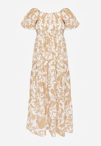 Born2be - Beżowa Rozkloszowana Sukienka z Wiskozy z Bufiastymi Rękawami w Roślinny Wzór Semea. Okazja: do pracy, na co dzień, na spotkanie biznesowe. Kolor: beżowy. Materiał: wiskoza. Sezon: lato. Typ sukienki: proste, rozkloszowane. Styl: biznesowy, casual. Długość: maxi #3