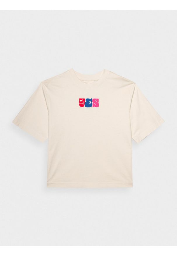 outhorn - T-shirt z nadrukiem damski - kremowa. Okazja: na co dzień. Kolor: kremowy. Materiał: bawełna, dzianina. Wzór: nadruk. Styl: casual