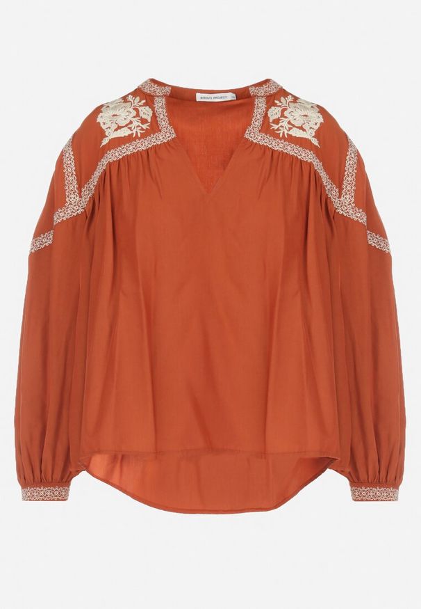 Born2be - Pomarańczowa Bluzka z Bufiastym Rękawem i Kwiatowym Haftem Aluko. Okazja: na co dzień. Kolor: pomarańczowy. Materiał: jeans. Wzór: kwiaty, haft. Styl: boho, casual, elegancki