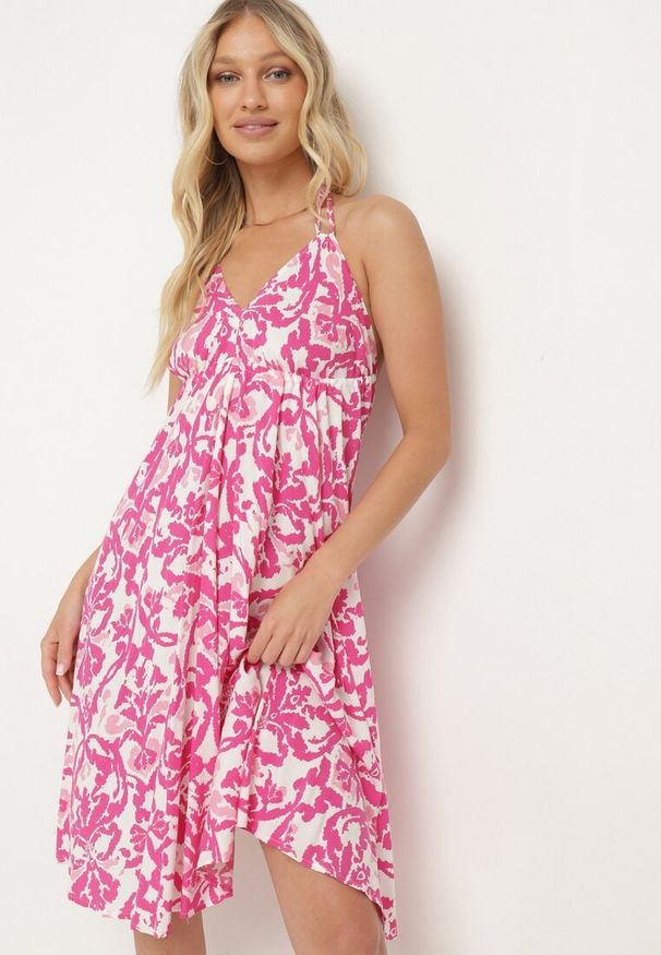 Born2be - Różowa Rozkloszowana Sukienka na Ramiączkach Wiązana na Szyi z Dekoltem w Serek Beviana. Okazja: na co dzień. Typ kołnierza: dekolt w serek. Kolor: różowy. Materiał: skóra, bawełna, materiał. Długość rękawa: na ramiączkach. Styl: klasyczny, casual, elegancki