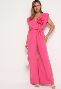 Born2be - Różowy Wiązany Kombinezon z Prostymi Nogawkami i Wiskozą oraz Kwiatową Aplikacją Dimenna. Kolor: różowy. Materiał: wiskoza. Wzór: aplikacja, kwiaty. Styl: elegancki #7