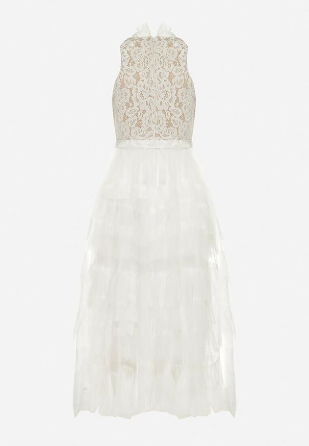 Born2be - Biała Sukienka Maxi z Koronką i Siateczkowymi Falbanami Danela. Okazja: na imprezę. Kolor: biały. Materiał: koronka. Wzór: koronka. Długość: maxi