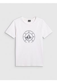 4f - 4F T-shirt regular z nadrukiem damski - biały L. Okazja: na co dzień. Kolor: biały. Materiał: bawełna, dzianina. Długość rękawa: krótki rękaw. Długość: krótkie. Wzór: nadruk. Styl: casual