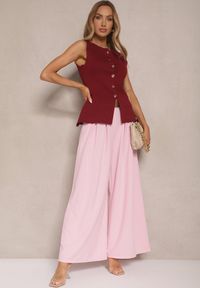Renee - Różowe Spodnie o Szerokim Kroju High Waist Ozdobione Paskiem Rasalle. Okazja: na co dzień. Stan: podwyższony. Kolor: różowy. Wzór: aplikacja. Styl: elegancki, casual #2