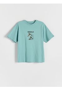 Reserved - T-shirt oversize z nadrukiem - miętowy. Kolor: miętowy. Materiał: bawełna, dzianina. Wzór: nadruk