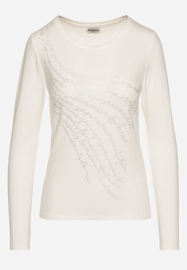 Born2be - Biała Bluzka z Bawełny Ozdobiona Cyrkoniowym Napisem Velutila. Okazja: na co dzień. Kolor: biały. Materiał: bawełna. Wzór: napisy, aplikacja. Styl: casual, elegancki