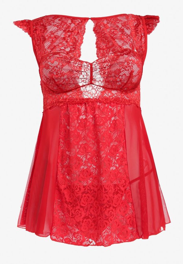 Born2be - Czerwona Koszula Nocna z Koronką i Stringami Deramo. Kolor: czerwony. Materiał: koronka. Wzór: koronka