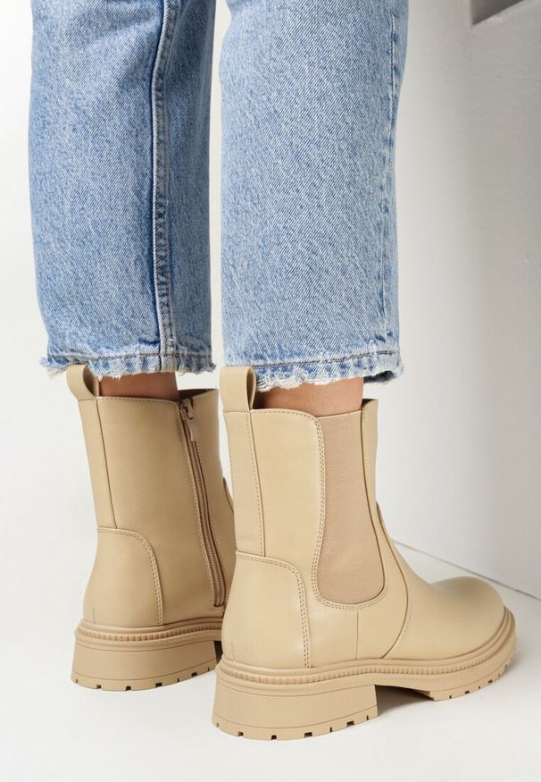 Born2be - Beżowe Botki w Stylu Sztybletów na Grubej Podeszwie Glonika. Okazja: na co dzień. Kolor: beżowy. Materiał: dzianina, jeans. Styl: casual